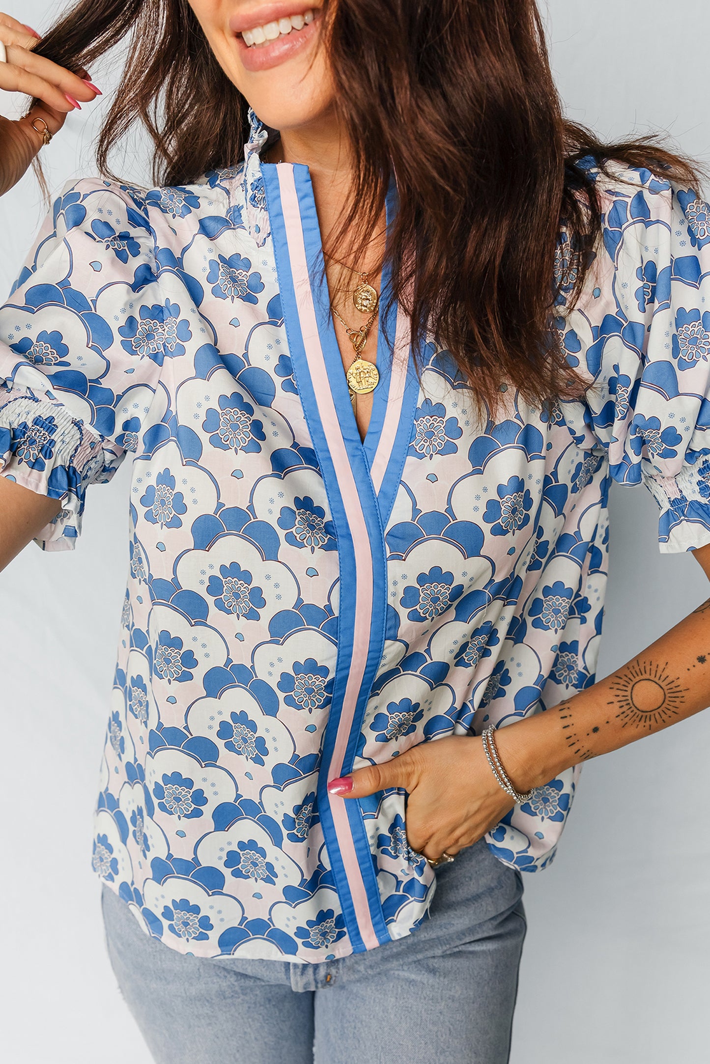 Sky Blue Floral Print Flounced Short Sleeve Contrast Trim V Neck Blouse