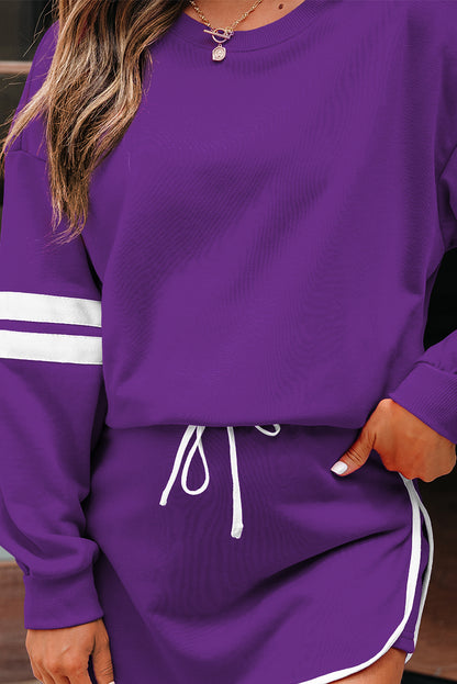 Evergreen Varsity Stripe Detail Drop Shoulder Pullover Mini Skirt Set