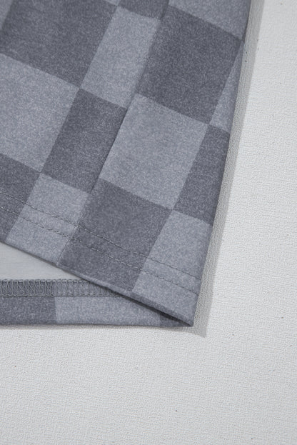 Gray Checkered V Neck Tee Drawstring Shorts Lounge Set