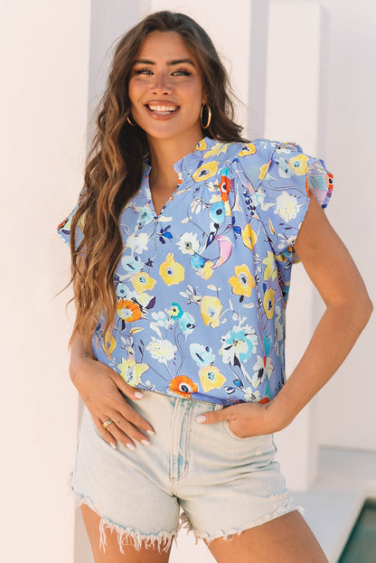 Sky Blue Flutter Sleeve V Neck Floral Top
