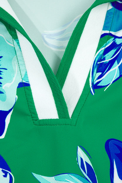 Bright Green Contrast Floral Print Collared V Neckline Ruffled Cap Sleeve Shift Dress with Pockets