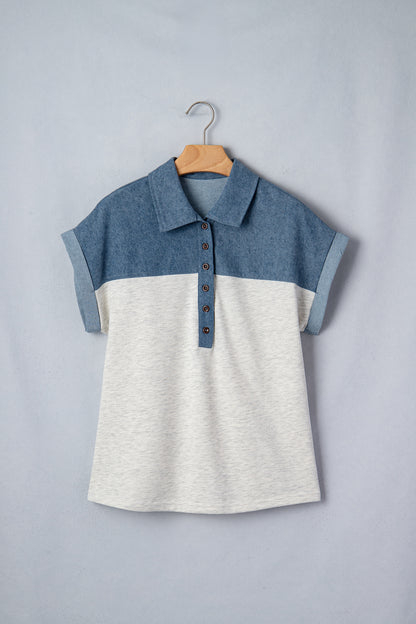 Light Grey Color Block Denim Patchwork Button Polo Collar Short Sleeve Top