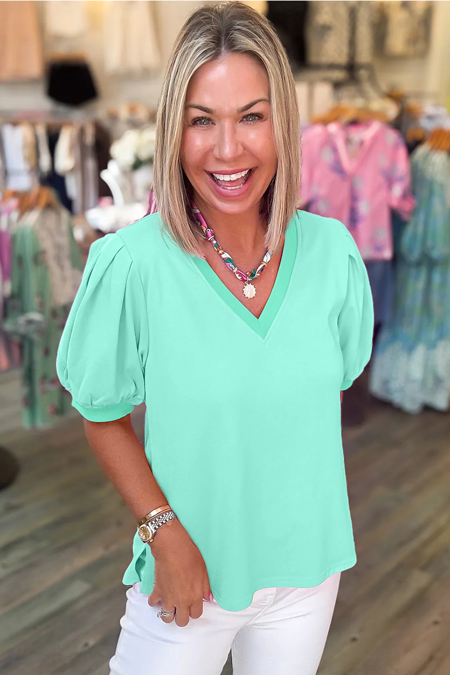 Yellow Solid Color V Neck Short Puff Sleeve Blouse