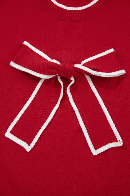 Black Contrast Trim Big Bow Accent Holiday Cropped Sweater