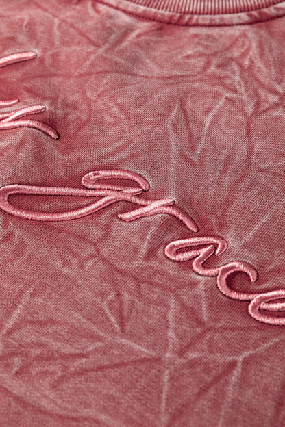 Real Teal saved by grace Letter Embroidery Mineral Wash Loose Sweatshirt