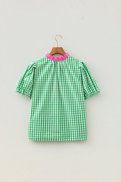 Green Gingham Plaid Bubble Sleeve Colorblock Trim V Neck Blouse