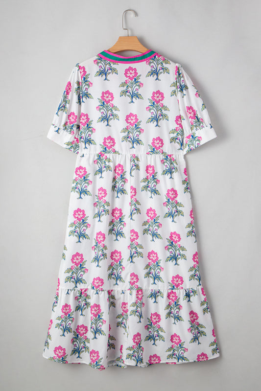 White Allover Print Contrast Split Neckline Short Puff Sleeve Curvy Dress
