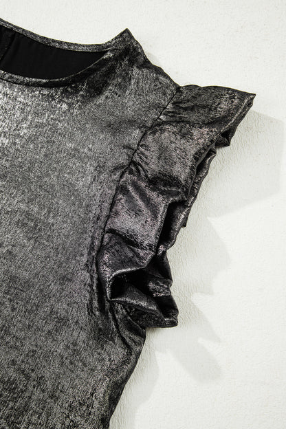 Silvery Metallic Round Neck Ruffle Trim Sleeveless Top