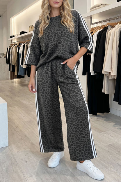 Apricot Leopard Print Varsity Striped Detail 3/4 Sleeve Top Shift Pant Set