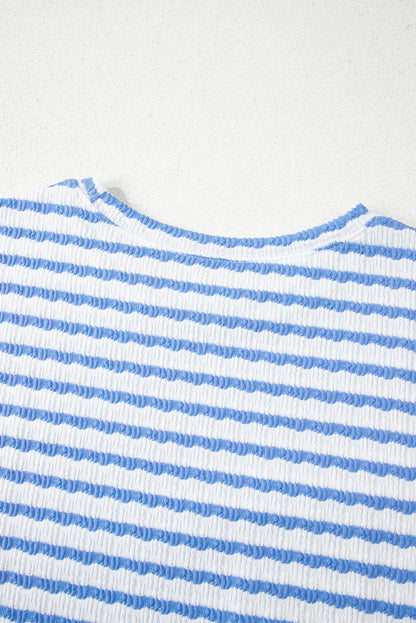Sky Blue Stripe Knitted Short Sleeve Top and Drawstring Shorts Set