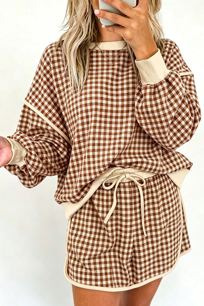 Red Gingham Oversized Ribbed Trim Crew Neck Long Sleeve Top and Skort Set