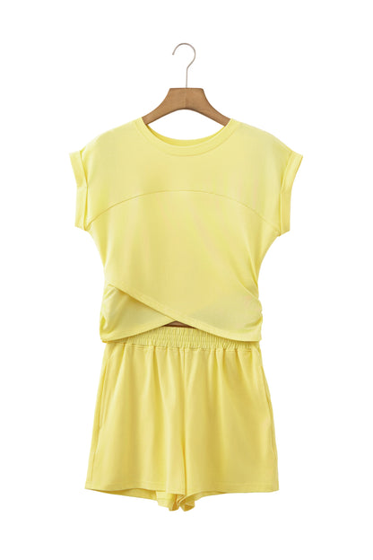 Mint Green Solid Short Sleeve Elastic Waist Pocket Casual Two Piece Short Set