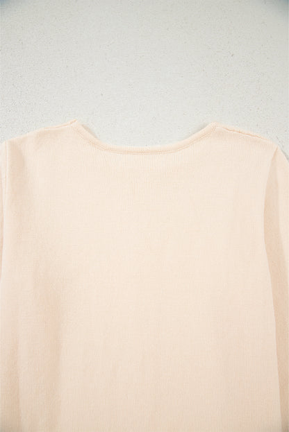 Beige Cable Texture Bohemian Ruffle Hem Patchwork Sweater