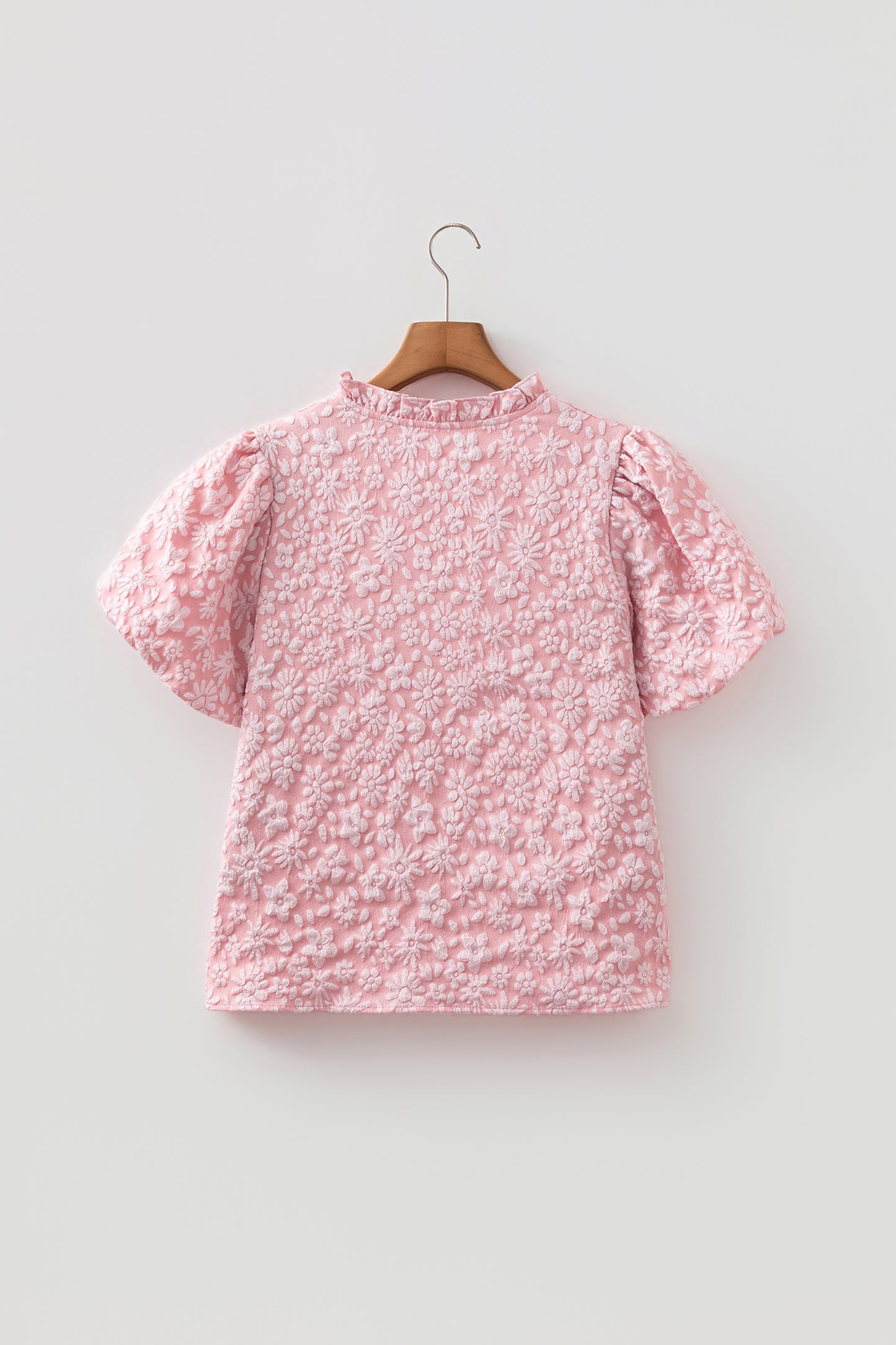 Iceland Blue Floral Textured Jacquard Puff Sleeve Blouse