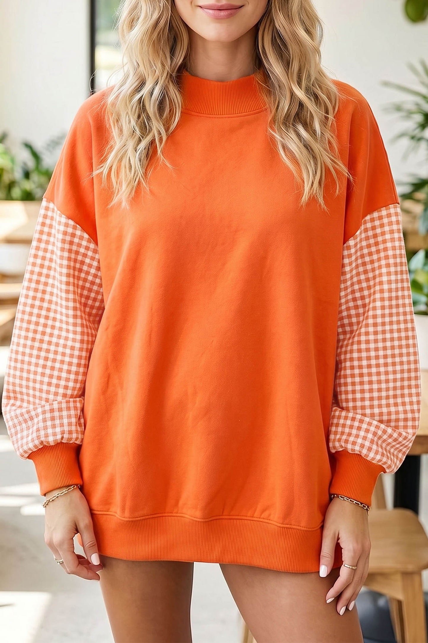 Pink Plaid Sleeve Colorblock Loose Tunic Sweatshirt