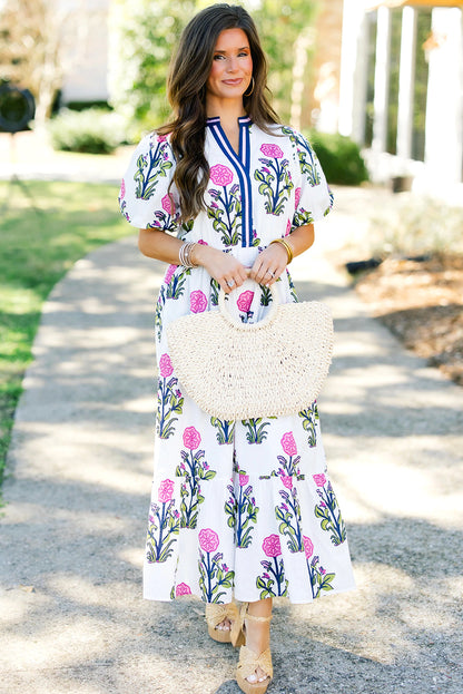 Blue Floral Puff Short Sleeve V Neck High Waist Maxi Dress
