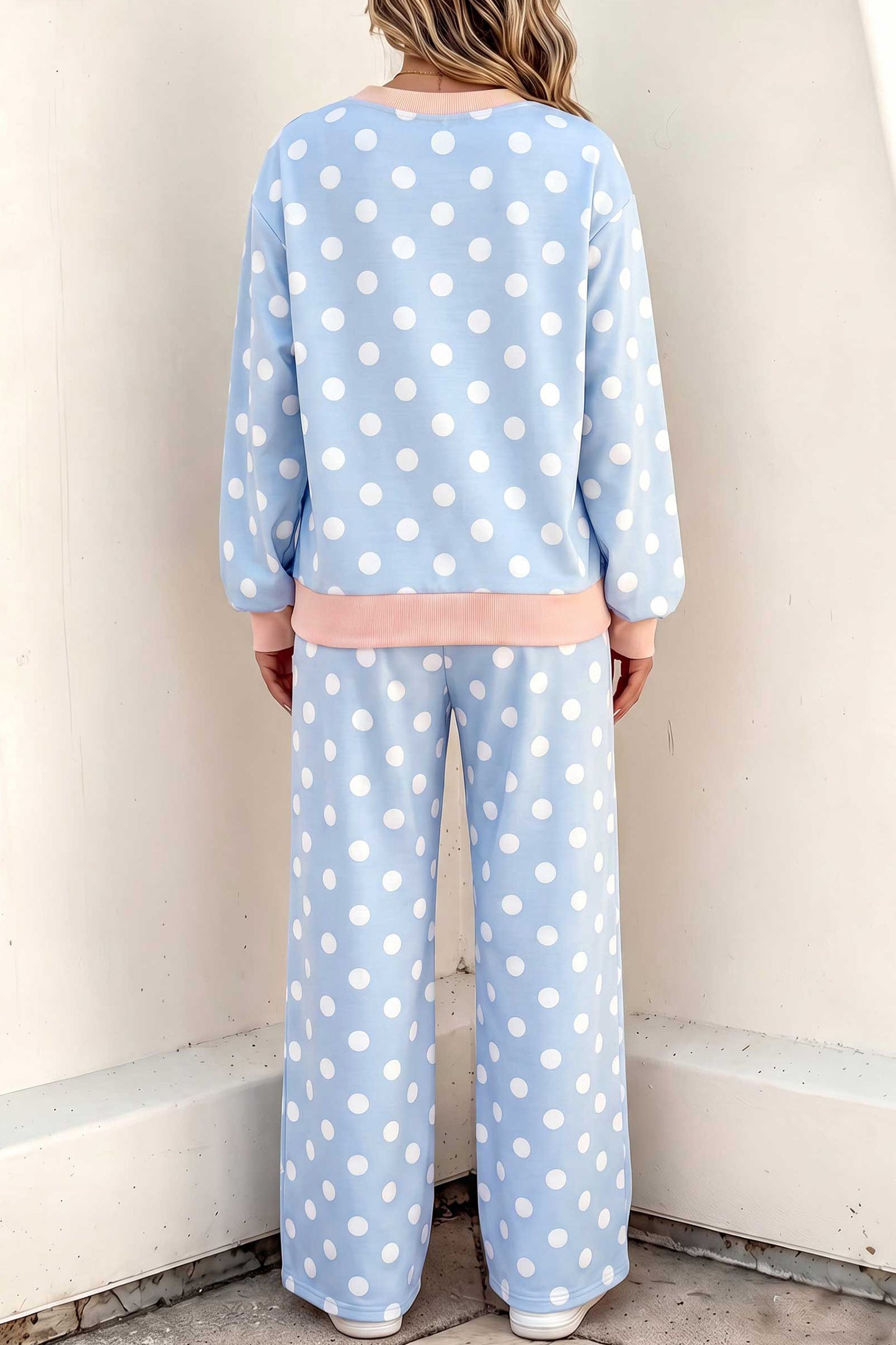 Khaki Polka Dot Contrast Trim Long Sleeve Top Drawstring Shift Pants Set