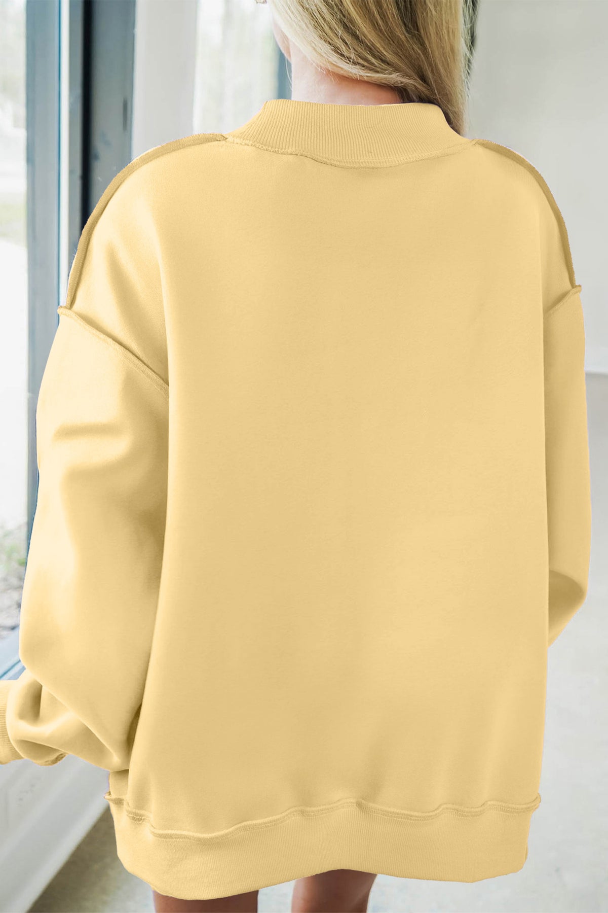Banana Cream JESUS Letter Patch Graphic Exposed Seam Mock Neck Baggy Sweatshirt