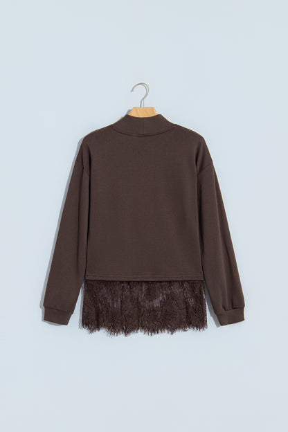 Coffee Solid Color High Neck Lace Splicing Hem Pullover Sweatshirt