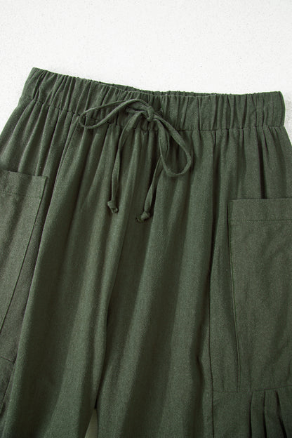 Jungle Green Drawstring Elastic Waist Patch Pocket Barrel Leg Casual Pants