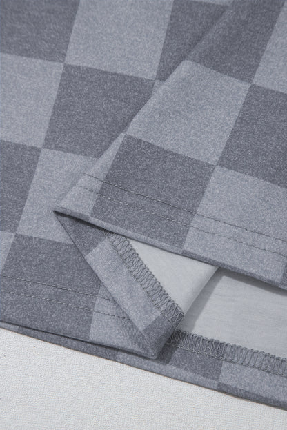 Gray Checkered V Neck Tee Drawstring Shorts Lounge Set