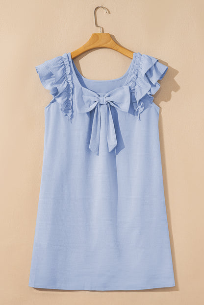 Beau Blue Textured Flutter Sleeve Square Neck Bow Back Mini Dress