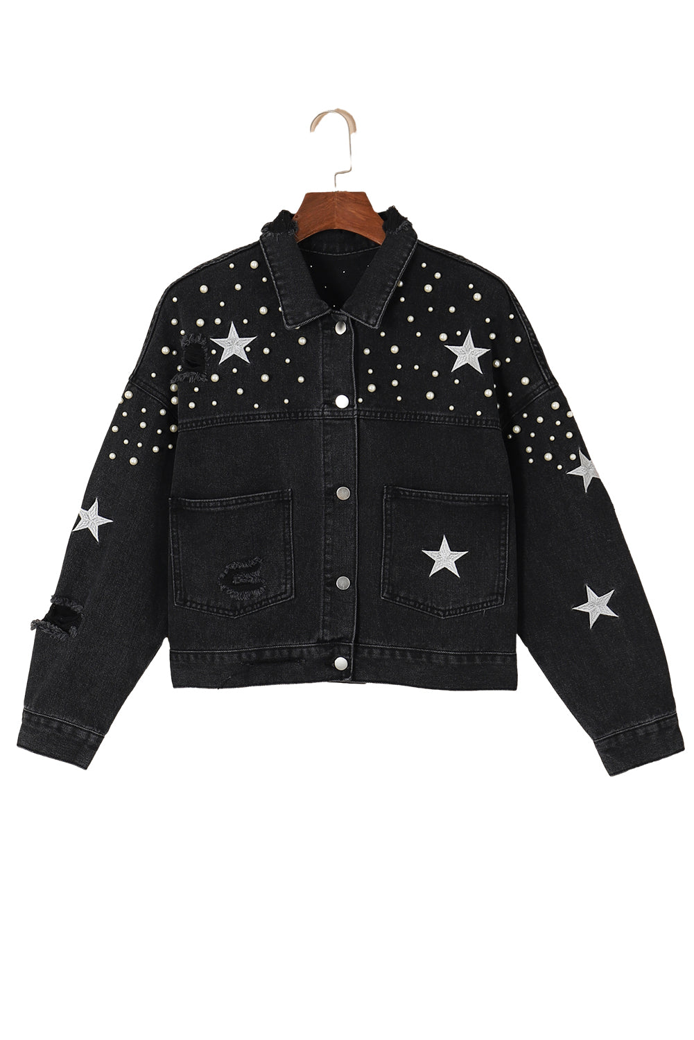 Black Distressed Pearls Star Cropped Denim Jacket