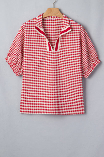 Green Plaid Short Sleeve Colorblock Trim Split Neck Blouse