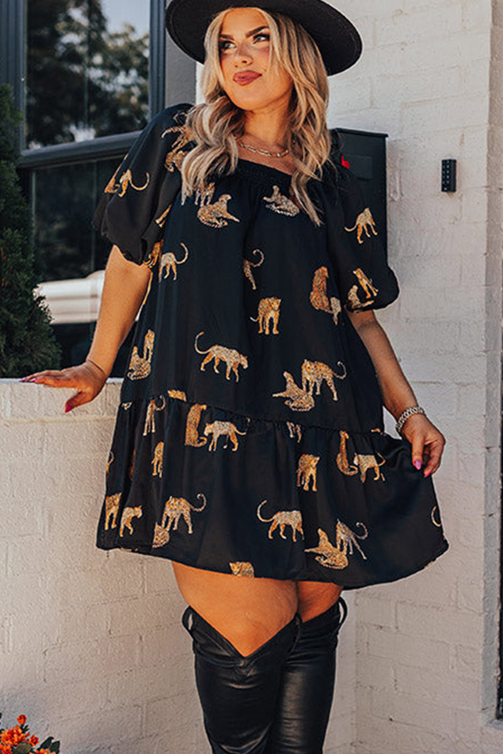 Black Plus Size Cheetah Print Puff Sleeve Ruffle Mini Dress
