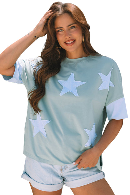 Smoke Green Frayed Denim Star Patched Oversize T Shirt