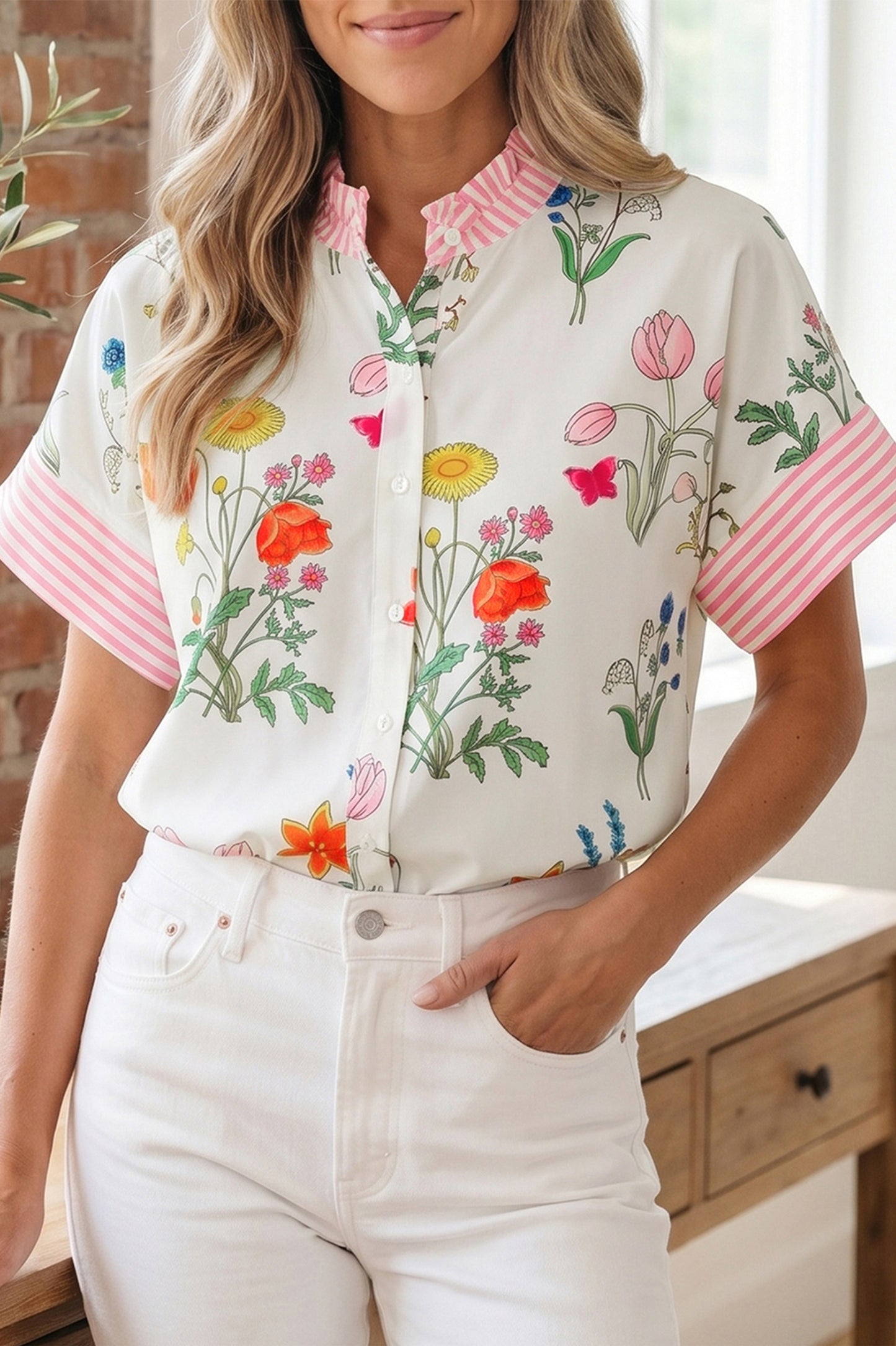 Sky Blue Floral Striped Patchwork Ruffled Collar Short Sleeve Shirt