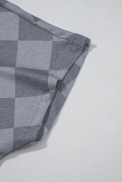 Gray Checkered V Neck Tee Drawstring Shorts Lounge Set