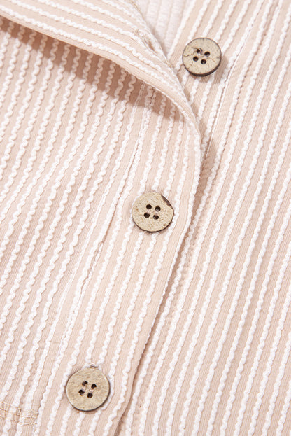 Bright Pink Spiral Ribbed Short Sleeve V Neck Buttoned Romper with Pocket