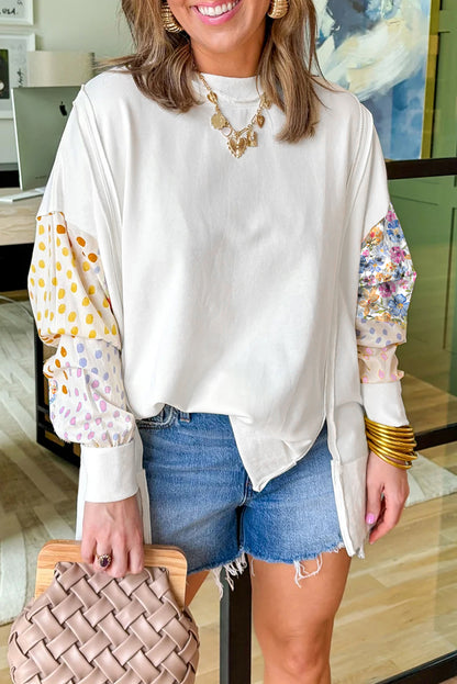 White Floral Dotted Mixed Print Patchwork Sleeve High Low Casual Sweatshirt