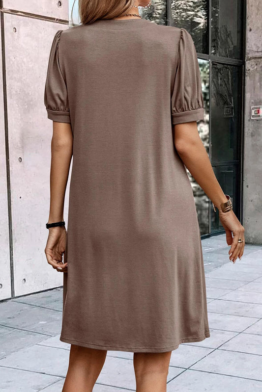 Desert Palm Notched Neck Pleated Puff Sleeve Shift T-shirt Dress