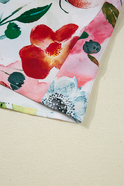 Red Floral Contrast Striped V Neck Puff Half Sleeve Shift Dress