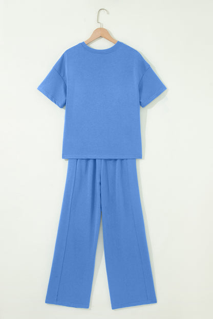 Sky Blue Solid Cover Oversize Tee Pocketed Casual Pants 2pcs Outfit