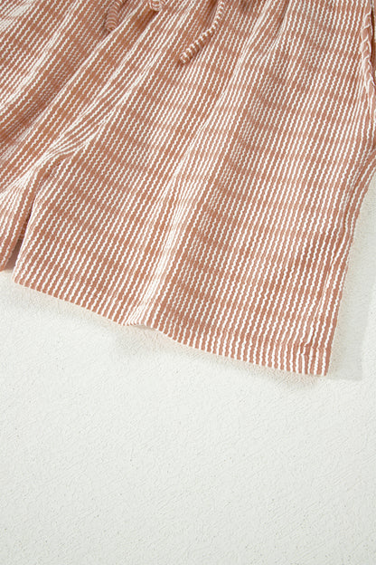 Rose Stripe Raised Rib Loose Tee Drawstring Elastic Waist 2pcs Short Set