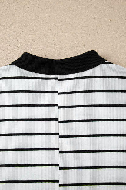 Blue Stripe Stand Collar V Neck Elastic Cuffs Half Sleeve Dolman Top