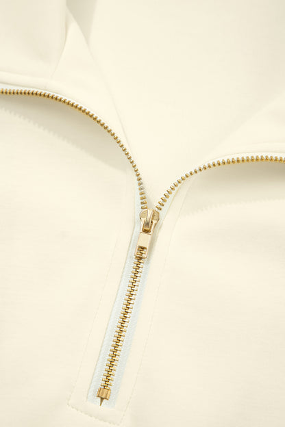 Beige Zipped up Collared Ruffled Short Sleeve Blouse