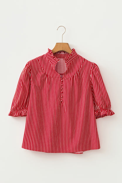 Red Stripe Ruffled Short Puff Sleeve Button Front Blouse