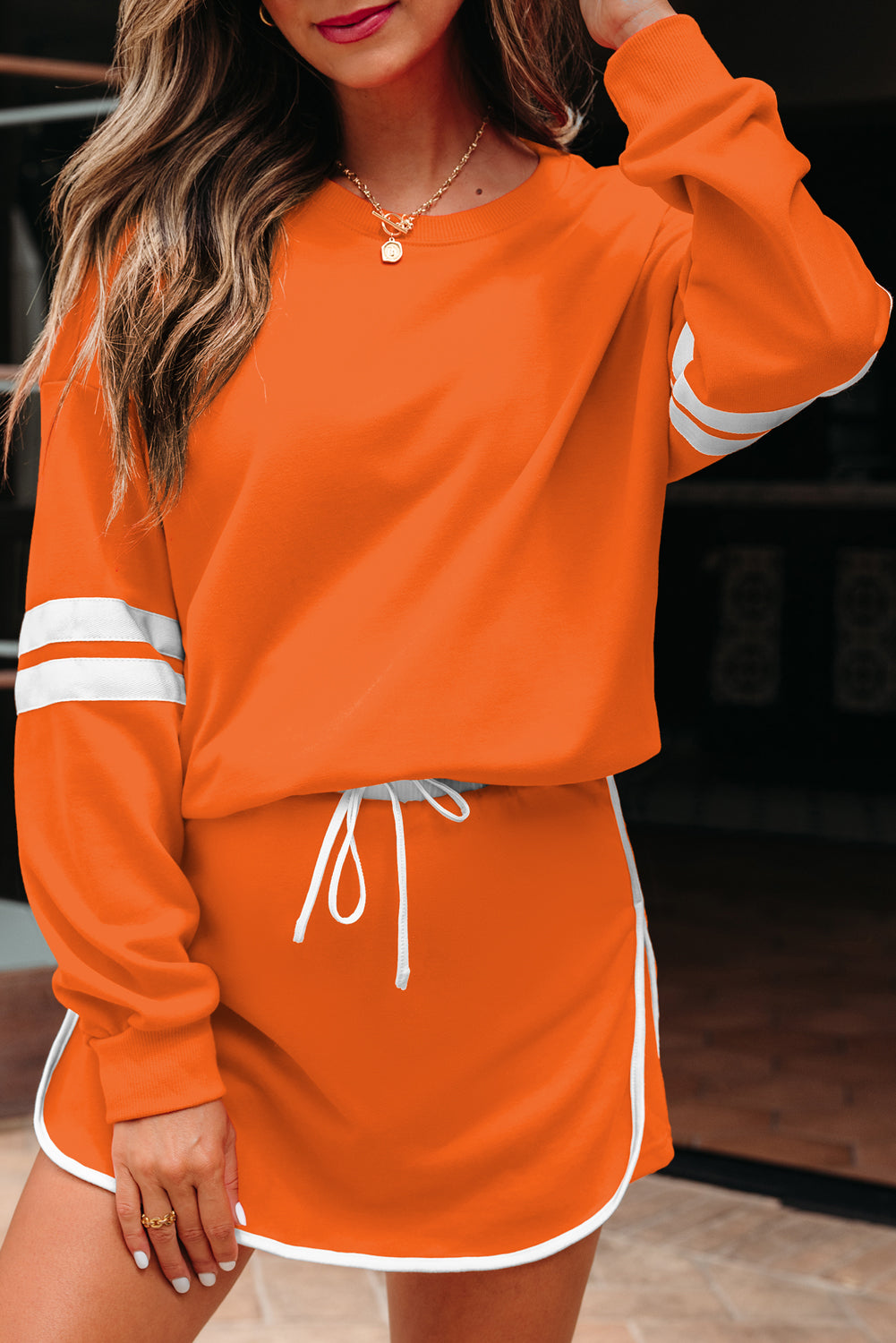 Evergreen Varsity Stripe Detail Drop Shoulder Pullover Mini Skirt Set