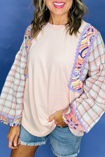 Delicacy Ricrac Trim Floral Plaid Patchwork Puff Sleeve Blouse