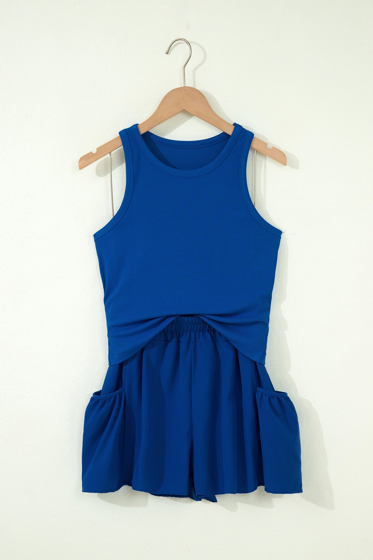 Mist Blue Ribbed Slim Tank Pocketed Wide Leg Shorts Set