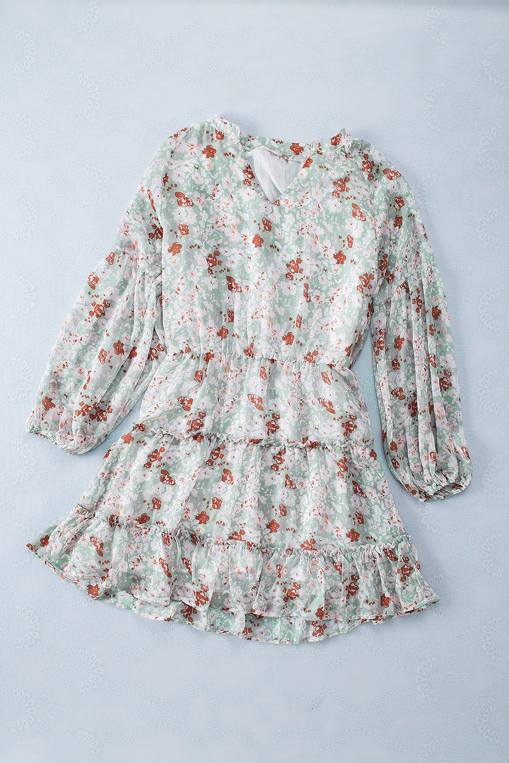 Green V Neck Puff Sleeves Floral Tunic Dress