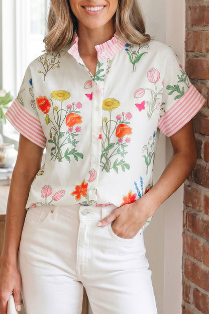 Sky Blue Floral Striped Patchwork Ruffled Collar Short Sleeve Shirt