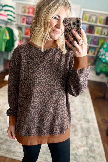 Multicolour Leopard Print High Neck Long Sleeve Ribbed Cuffs Hem Sweatshirt