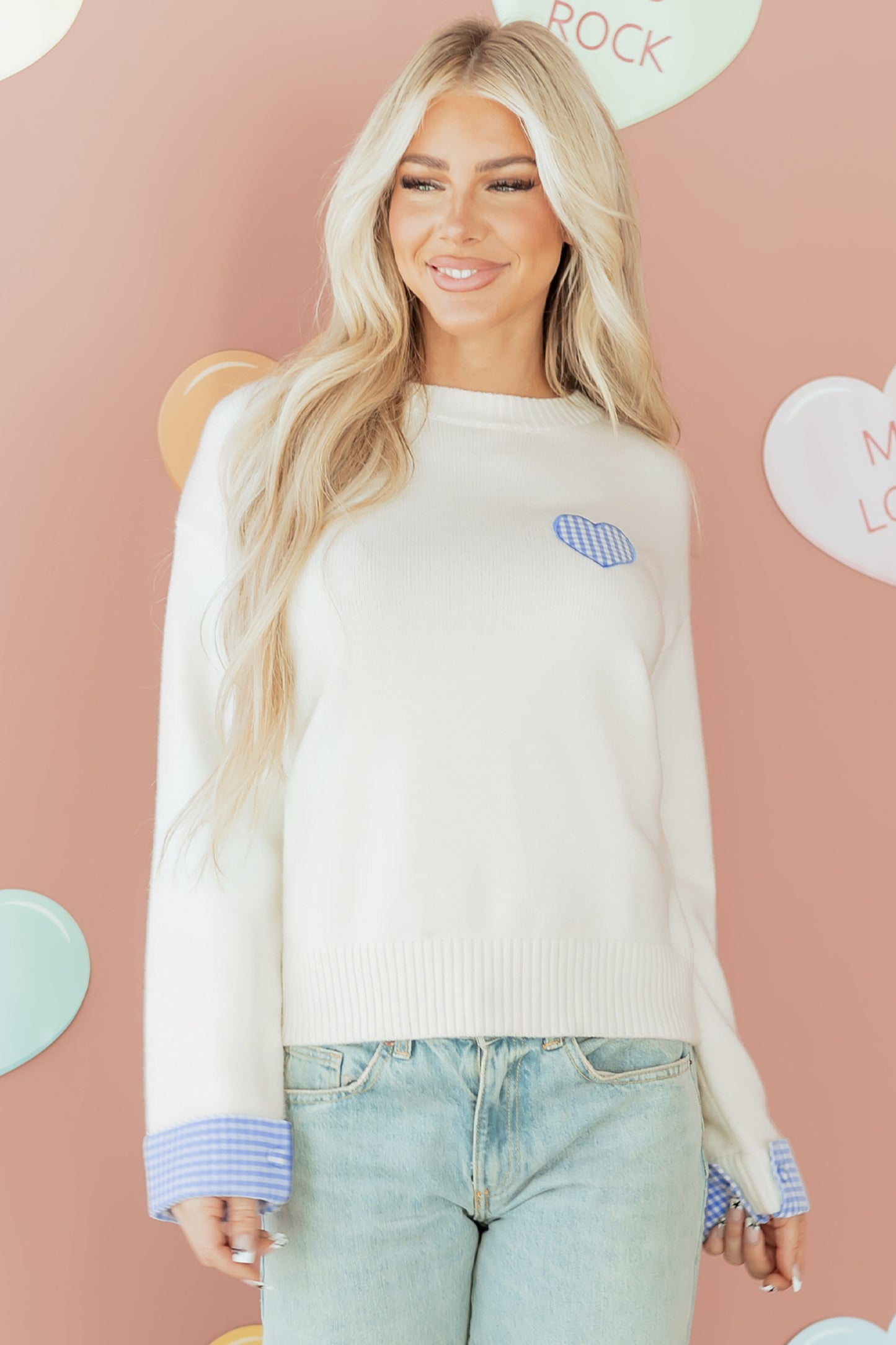 Light Pink Plaid Heart Embroidered Cuffed Drop Shoulder Crew Neck Sweater