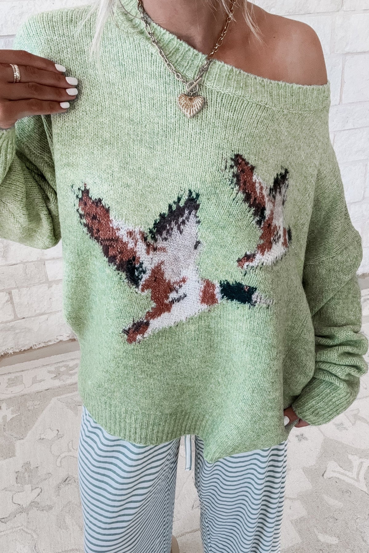 Green Wild Mallard Drop Shoulder Round Neck Long Sleeve Pullover Sweater