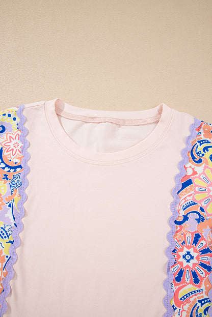 Delicacy Ricrac Trim Floral Plaid Patchwork Puff Sleeve Blouse